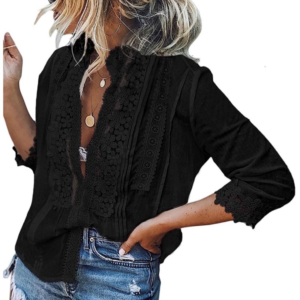 New Black Crochet Long Sleeve Button Down Shirt - Picture 1 of 2